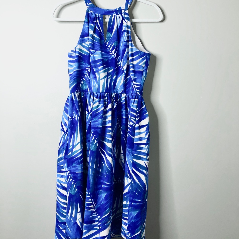 London Times 2 Dress Blue Cocktail Palm Leaves